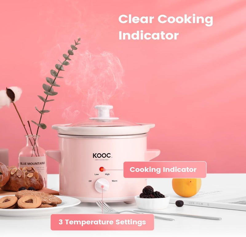KOOC Small Slow Cooker, 2-Quart, Free Liners Included for Easy Clean-up, Upgraded Ceramic pot, Adjustable Temp, Nutrient Loss Reduction, Stainless Steel, Pink, Round - Image 5